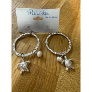 NWT Matte Hammered Silver Toned Turtle Honu Freshwater Pearl Charm Wire Earring